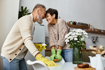 Mature couple shares playful banter while cleaning their kitchen with fresh flowers.