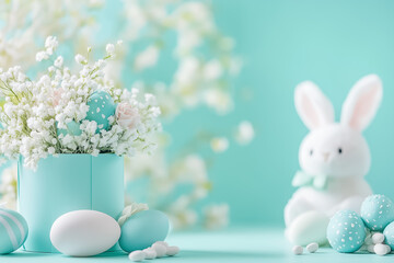 Delight in a spring-inspired arrangement of pastel eggs and flowers accompanied by an adorable plush bunny in soft hues