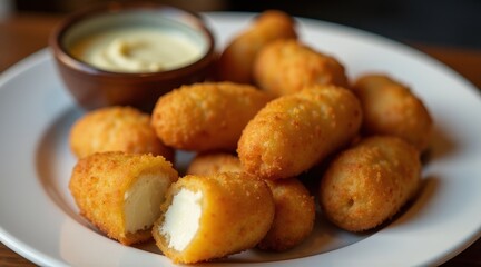 Golden, crispy cheese croquettes served on a white plate with a side of creamy dipping sauce, perfect for a delicious snack or appetizer