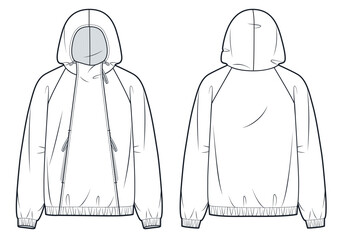 Half Zip Hoodie technical fashion illustration. Anorak Jacket fashion flat technical drawing template, pockets, oversize, front and back view, white, women, men, unisex CAD mockup.