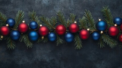 christmas garland with red and blue ornaments, pine branches background concept