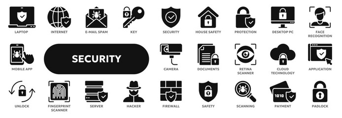 Set of vector solid icons related to cybersecurity, personal information protection, private data safety. Symbols for website or app ui, logo design, illustration