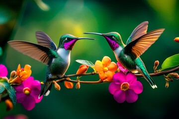 Fototapeta premium Vibrant Hummingbirds and Pink Flower in Savegre Costa Rica: Stunning Wildlife Scene with Fauna, AI-Generated