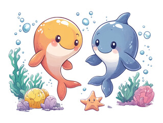 Obraz premium Colorful Cartoon Fish and Starfish on Transparent Background