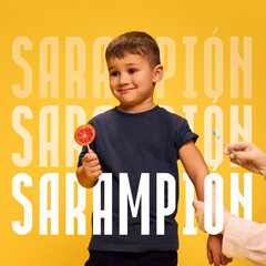 Smiling boy with lollipop in hand receiving vaccination. Spanish text sarampion meaning measles...