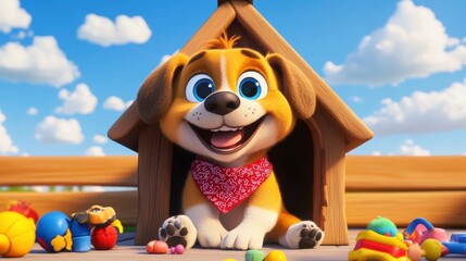 Obraz premium Cheerful Cartoon Puppy with Blue Eyes and Toys in a Vibrant Outdoor Setting
