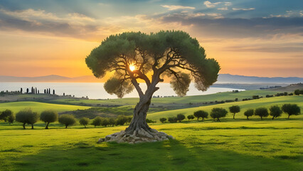 Countryside at sunset, featuring rolling green hills, olive groves, and a serene view of the sea stretching to the horizon.