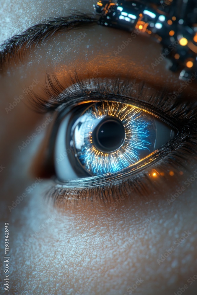 Aufkleber a close-up view of a human eye enhanced with futuristic technology, displaying intricate patterns an
