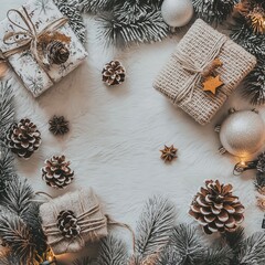 Beautifully wrapped gifts surrounded by pine and ornaments, embodying the spirit of giving this season.