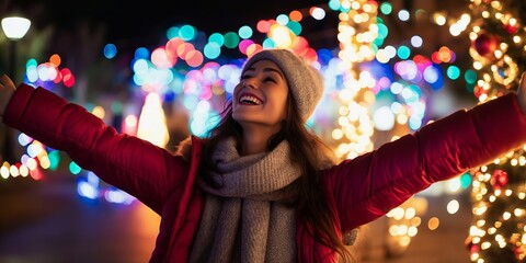A young woman joyfully embraces the holiday spirit outdoors.