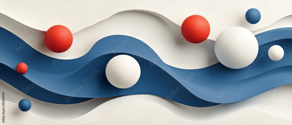 Poster colorful spheres float above blue waves in a modern abstract design, showcasing a playful blend of s