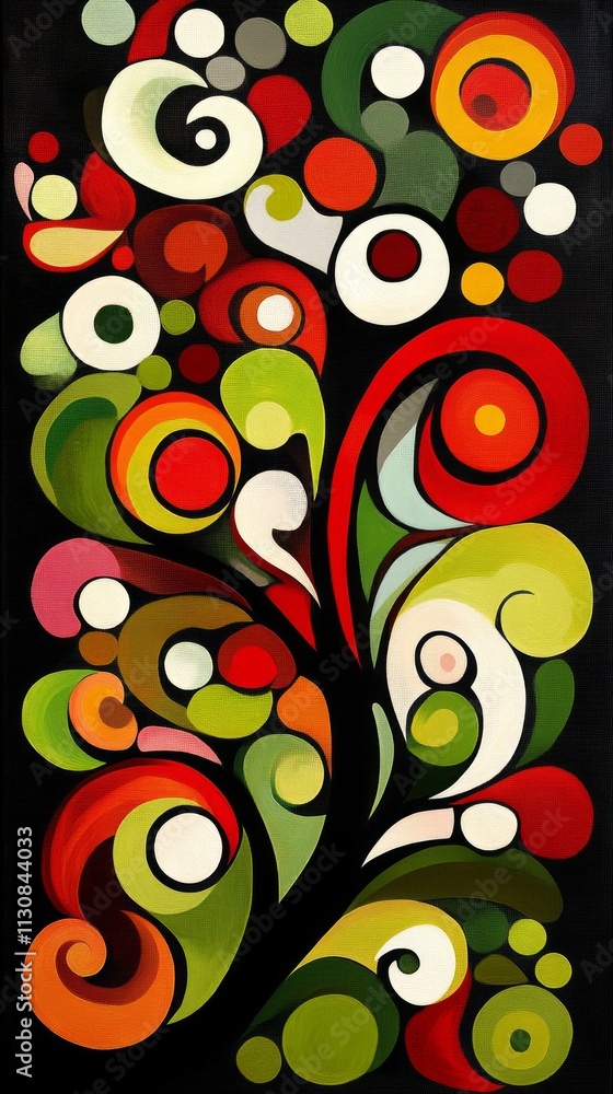 Poster colorful abstract design showcases swirling shapes and bold patterns, creating a lively atmosphere w