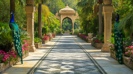 Obraz premium Jaipur palace garden with peacocks and floral courtyards, vibrant Indian sanctuary