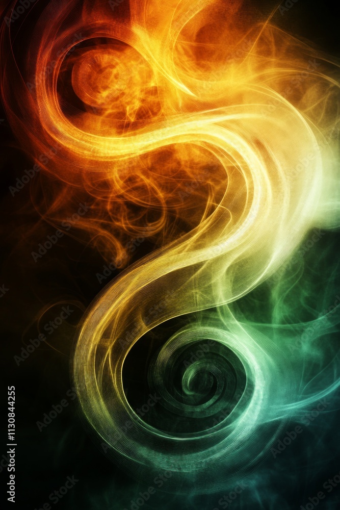 Poster swirling smoke forms intricate patterns with shades of orange, green, and white against a deep black