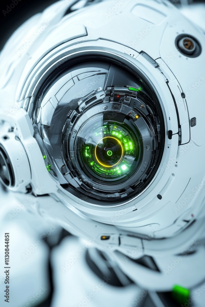 Aufkleber a detailed look at an advanced robotic eye with complex wiring and bright green lights, emphasizing 
