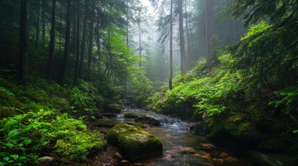 Obraz premium Misty forest stream, lush green vegetation.