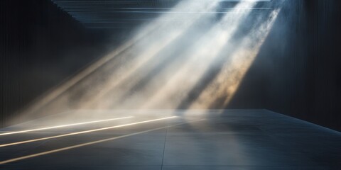 Light beams from a panel create a striking visual effect through fog, enhancing the atmosphere with layers of depth and intrigue. The interplay of light through fog showcases the beauty of