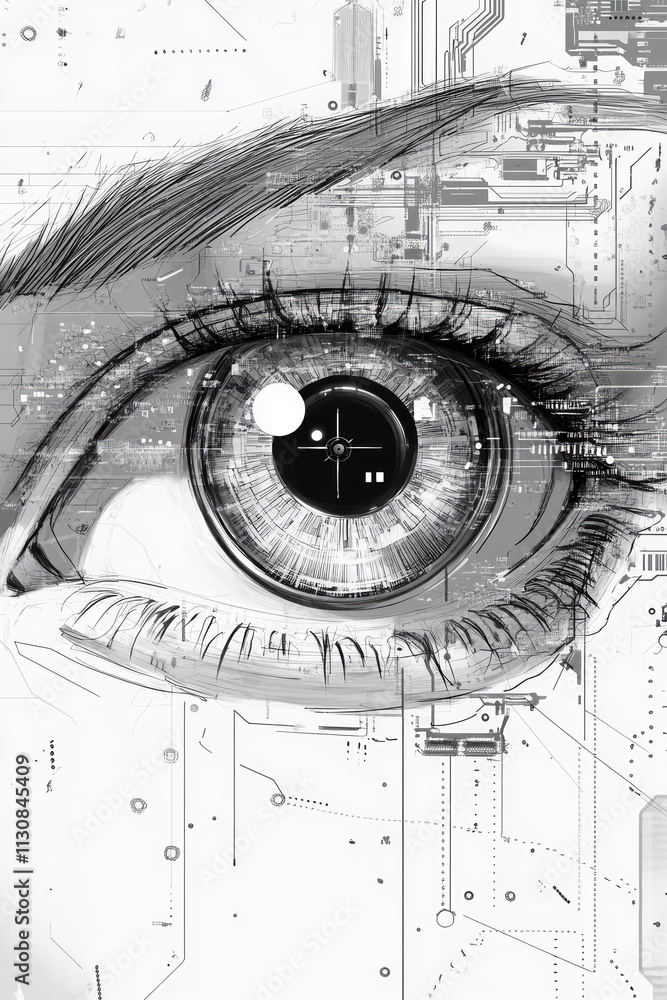 Poster close-up depiction of a human eye merging with futuristic technology featuring circuit patterns and 