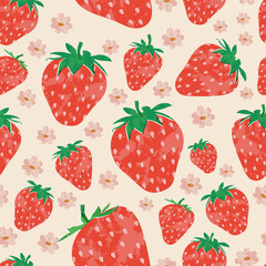 Strawberry colorful vector seamless pattern background. Fruit illustration isolated on beige background. Seamless background with strawberries for wrapping paper, wallpaper