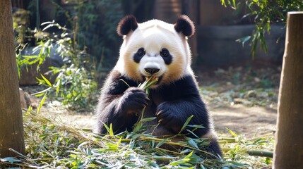 Obraz premium Panda Eating Bamboo in a Lush Green Setting
