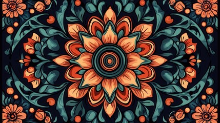 Intricate Floral Mandala Design:  A Symphony of  Orange, Teal, and Dark Hues
