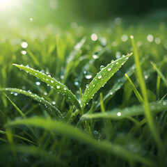 Green grass adorned with sparkling dew drops, illuminated by the soft morning light.