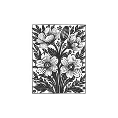 Botanical linocut drawing. Minimal plant logo, botanical graphic sketch drawing,  meadow greenery, leaf and blooming flower abstract sketch element collection, rustic branch.