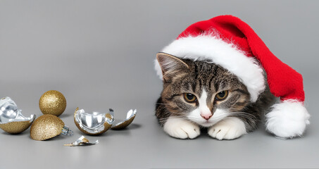 Kitty playing with bauble, fun illustration of cute Christmas cat wearing Santa Claus cap. The feline fellow did stupid things with the baubles and broke the xmas tree decorations in the living room