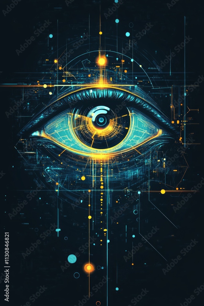 Poster a detailed representation of a tech eye, integrating vibrant colors with digital elements, highlight