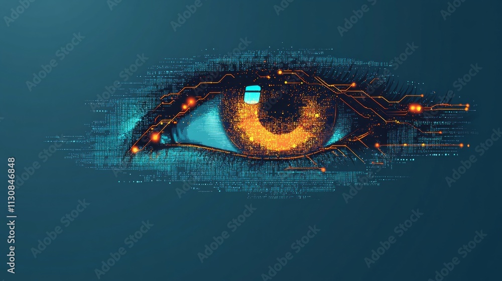 Poster a vibrant illustration of an eye blended with digital patterns and glowing circuits, showcasing the 