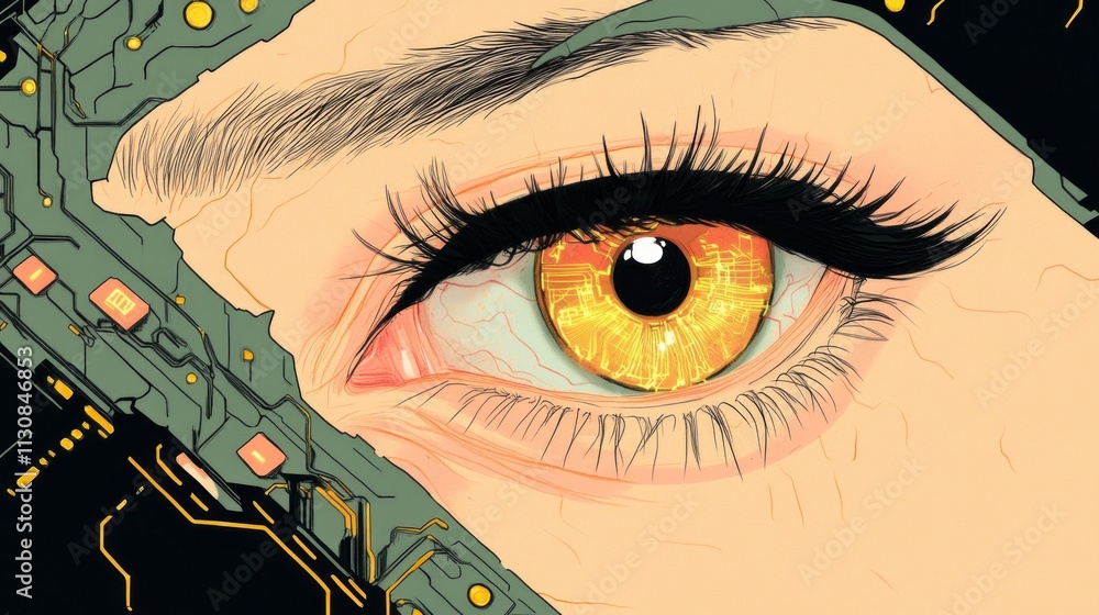 Poster a detailed view of an eye designed with tech elements, showcasing vibrant colors and digital circuit