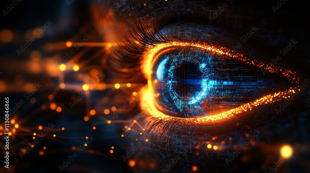 Poster a close-up of an eye infused with glowing circuits and data patterns, showcasing technology's impact
