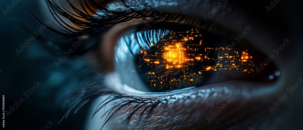 Poster An eye captures a vivid reflection of circuit patterns and luminous data points, symbolizing the blend of human vision and technology in a futuristic setting