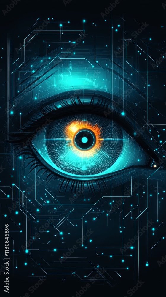 Poster a striking depiction of a tech-inspired eye surrounded by glowing circuits and digital elements, cre