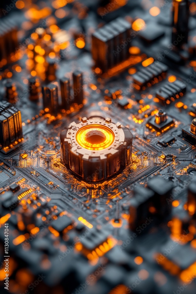 Poster a close-up view of a circuit board reveals a glowing central component surrounded by intricate metal