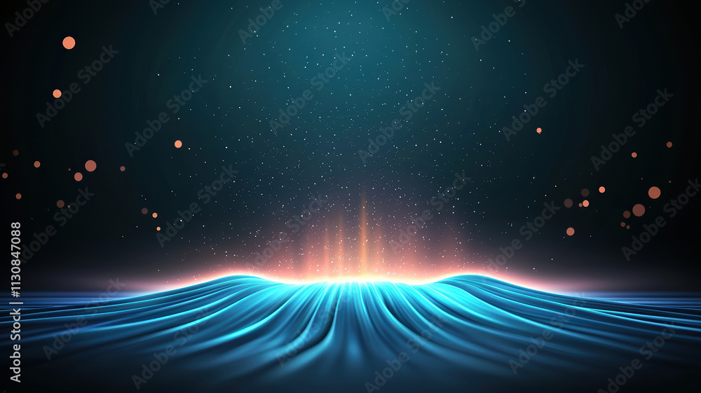 Poster mesmerizing blue wave texture with glowing particles and starry background creates captivating visua