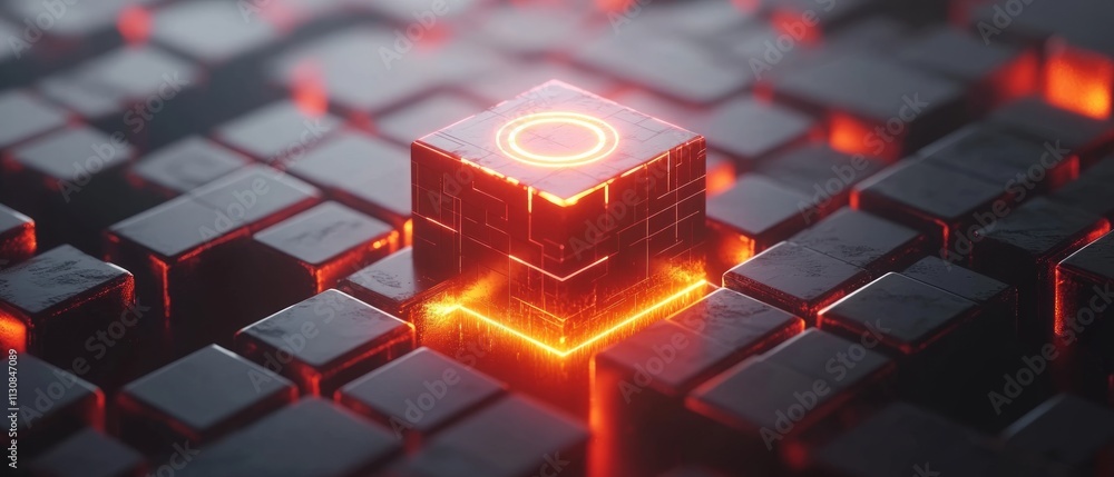 Poster bright orange light emanates from a central cube, contrasting sharply against the dark surrounding b