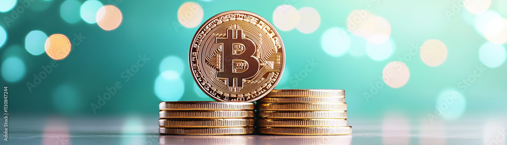 Aufkleber bitcoin coin stacked on reflective surface with blurred background. image captures essence of crypto