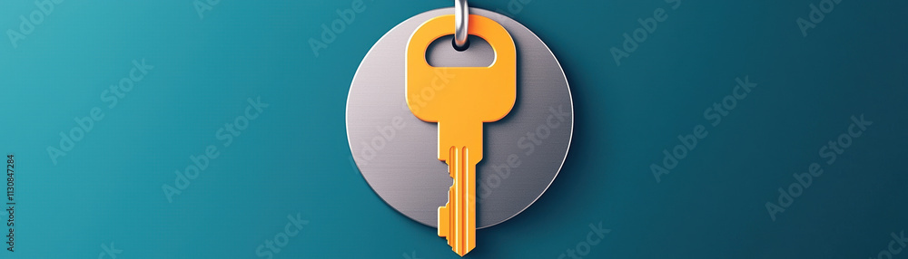 Poster vibrant yellow key icon on circular metallic background symbolizes security and encryption. this rep