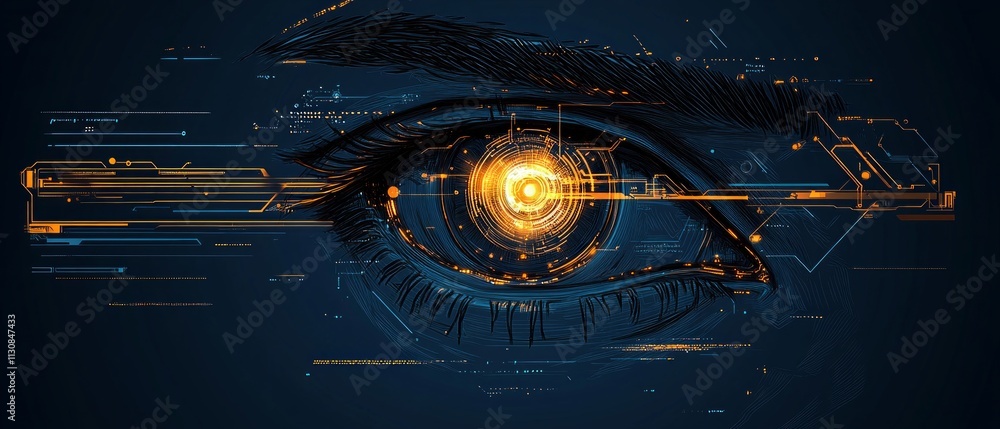 Poster a detailed tech eye design features intricate circuitry and glowing elements, symbolizing the fusion