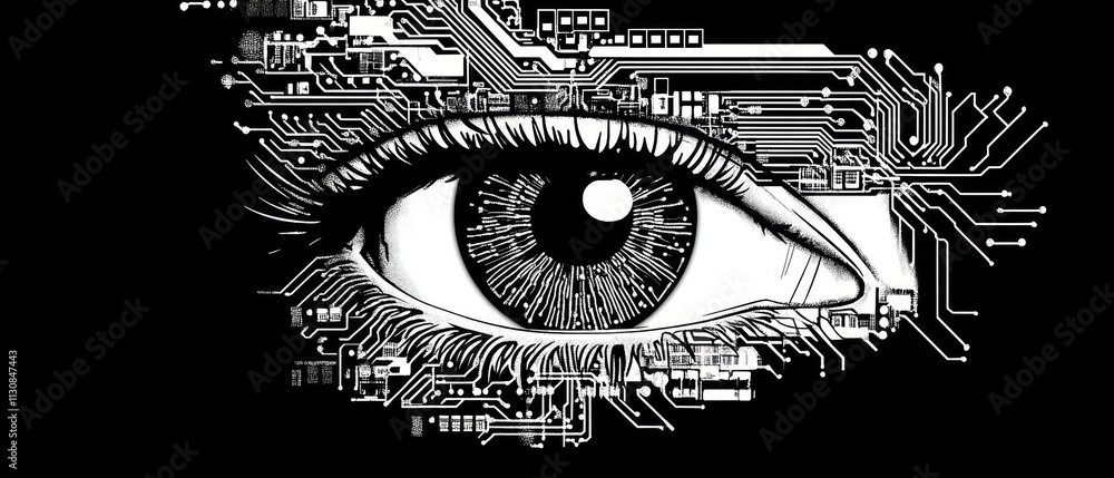 Poster a close-up view of an eye integrated with intricate circuit patterns, representing the fusion of hum
