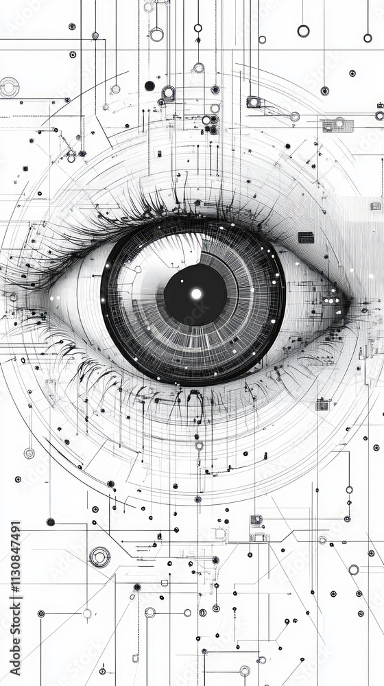 Poster a detailed depiction of a tech eye with intricate lines and shapes, reflecting concepts of digital i