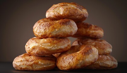 A stack of eight golden brown bagels on a dark background.