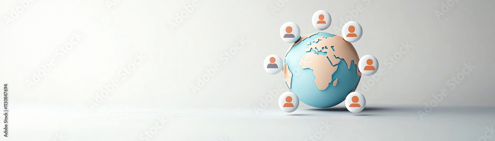 Poster globe surrounded by icons representing people, symbolizing global connectivity and community. this c