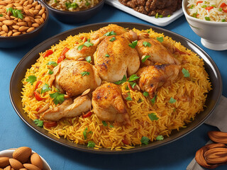 Photo arabic food kabsa with chicken and almonds closeup on a plate generative ai