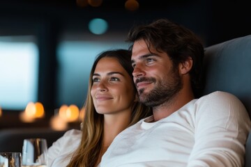Fototapeta premium In a cozy atmosphere, a couple enjoys their time watching a film, surrounded by dim lights and soft seating that reflects a casual yet intimate movie-watching experience.