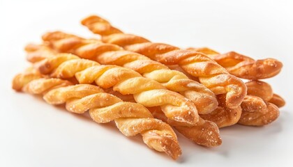A close-up of a pile of golden brown, twisted breadsticks on a white background.