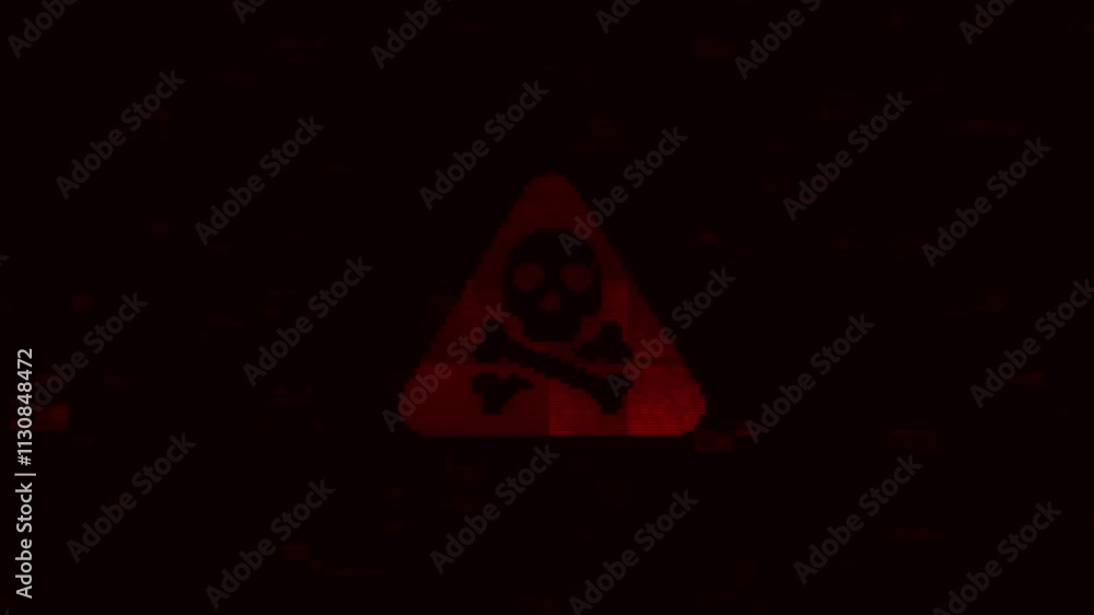 Poster warning alert icon hacked system. malicious software, virus, spyware, malware, cyberattacks on compu