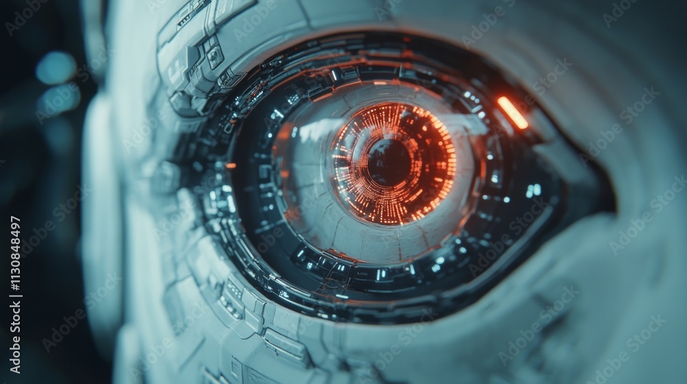 Poster this close-up view reveals a futuristic tech eye with glowing elements and intricate mechanical deta