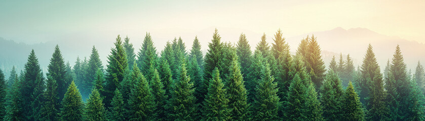 Fototapeta premium Lush evergreen forest with vibrant green trees under soft sunrise glow, creating serene and tranquil atmosphere